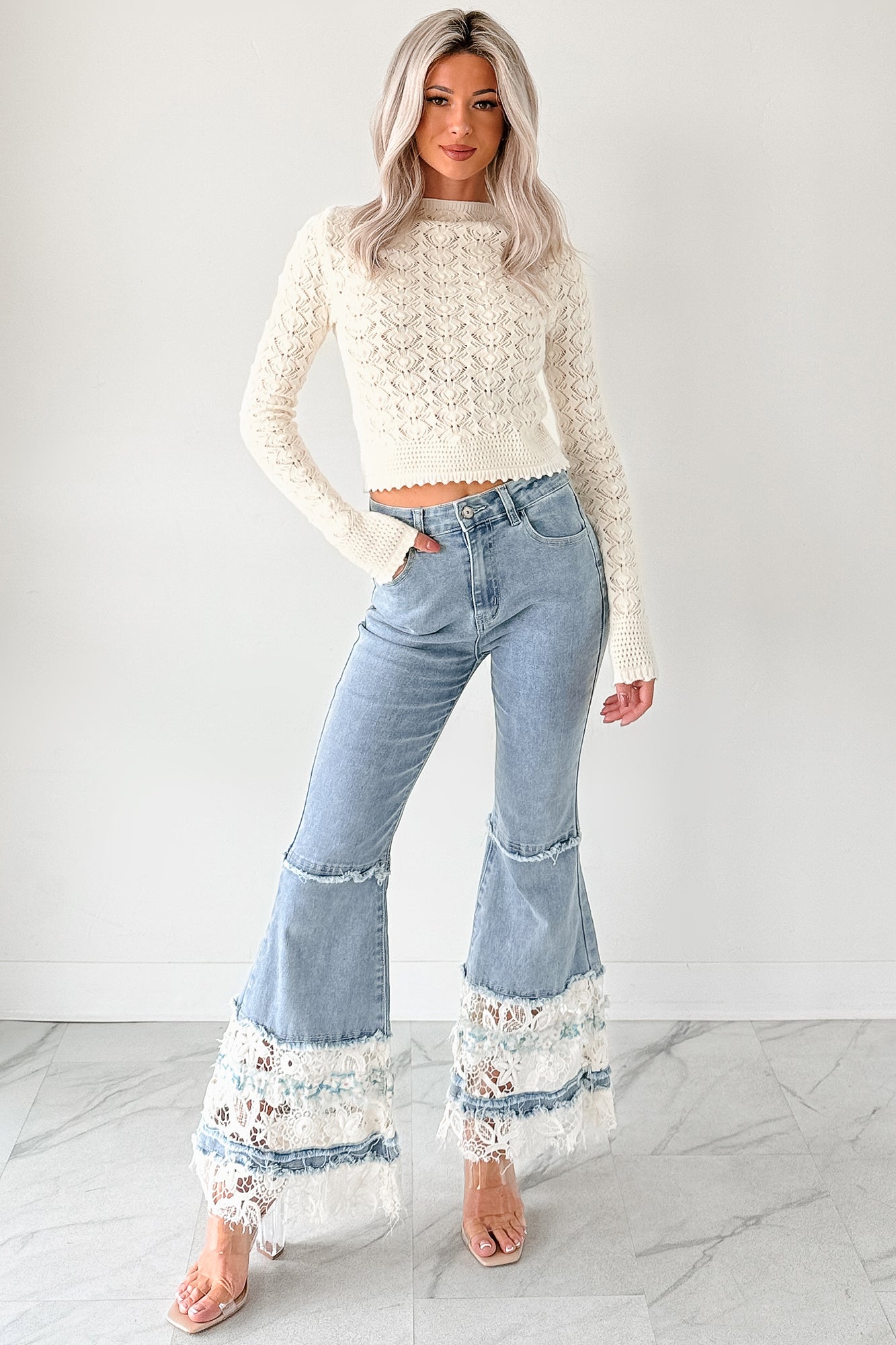 Beatrice Floral Crochet POL Flare Jeans (Denim) - NanaMacs