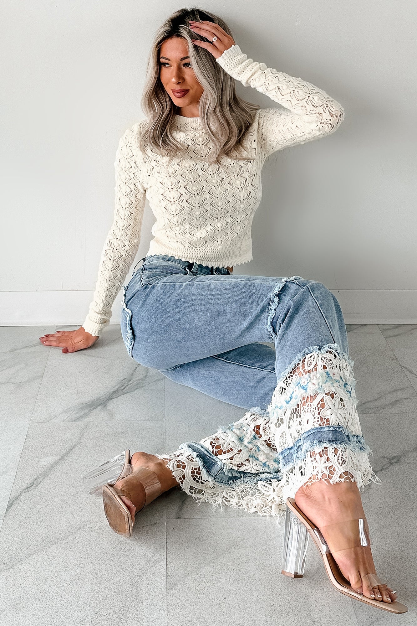 Beatrice Floral Crochet POL Flare Jeans (Denim) - NanaMacs