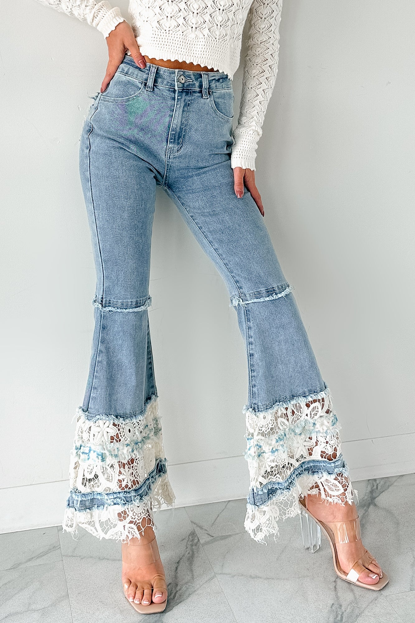 Beatrice Floral Crochet POL Flare Jeans (Denim) - NanaMacs