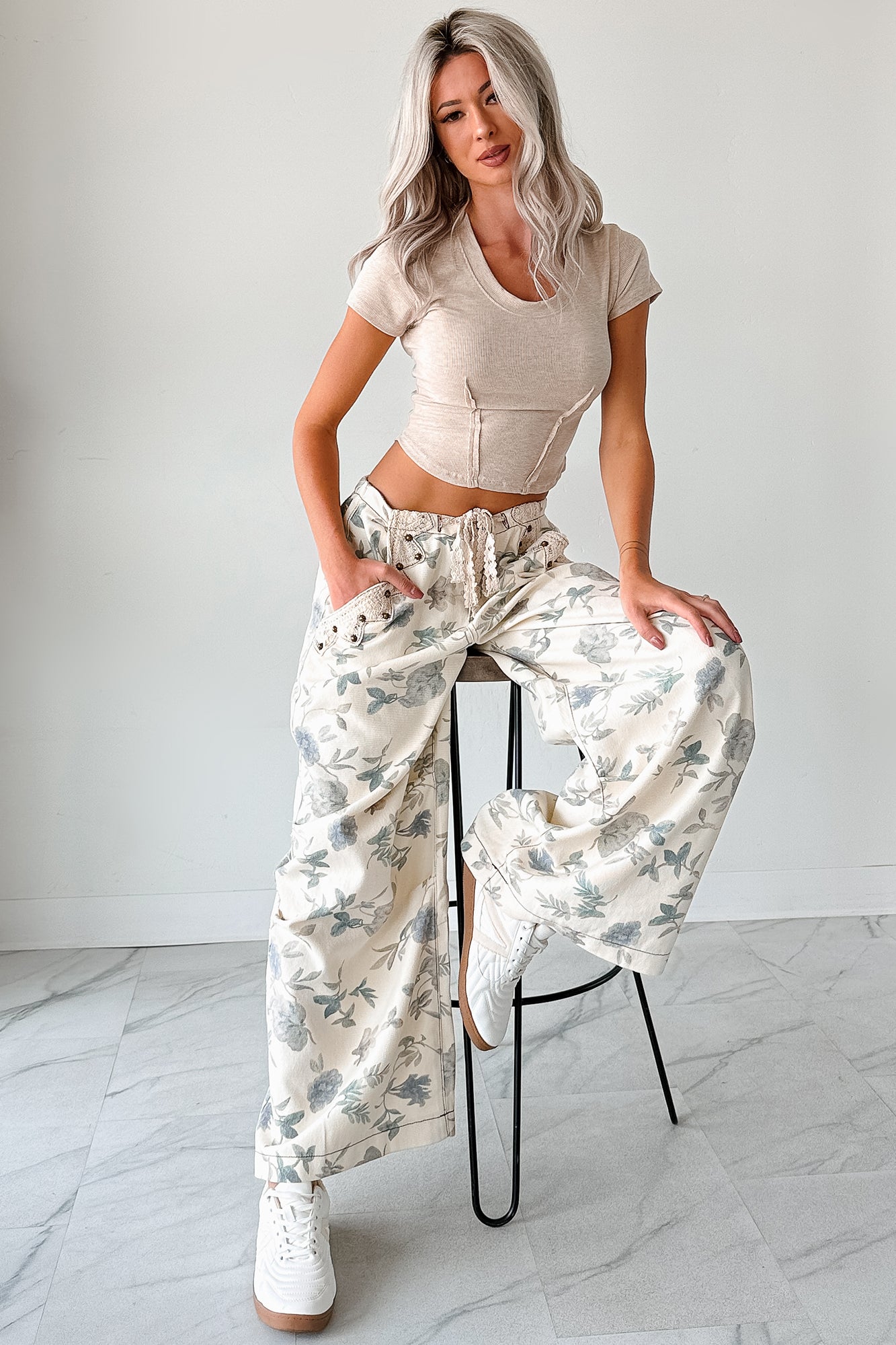 Lorelei Wide Leg Floral POL Jeans (Cream/Floral) - NanaMacs