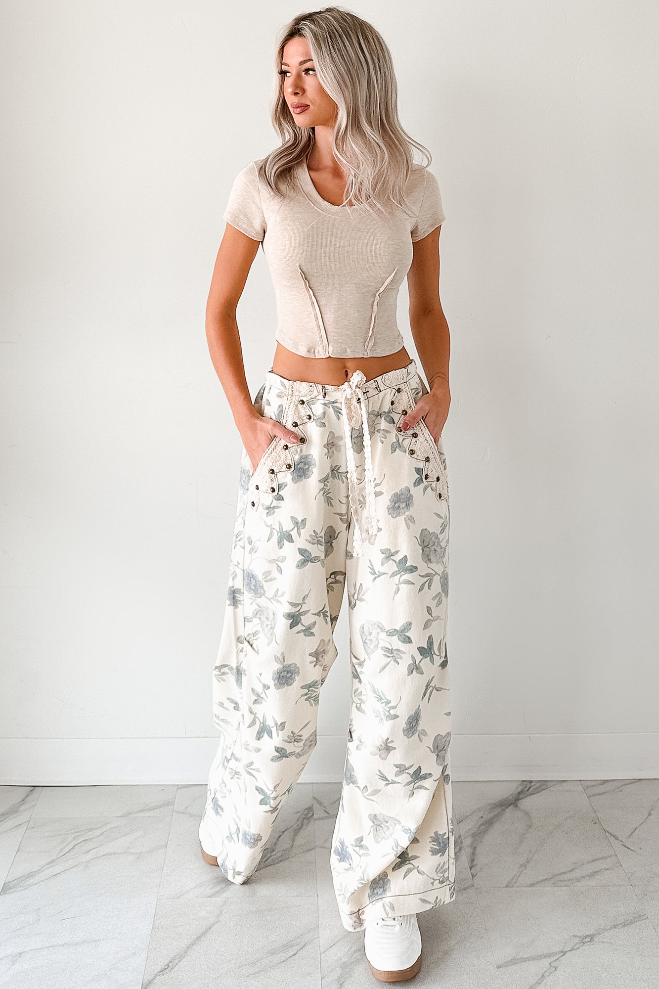 Lorelei Wide Leg Floral POL Jeans (Cream/Floral) - NanaMacs
