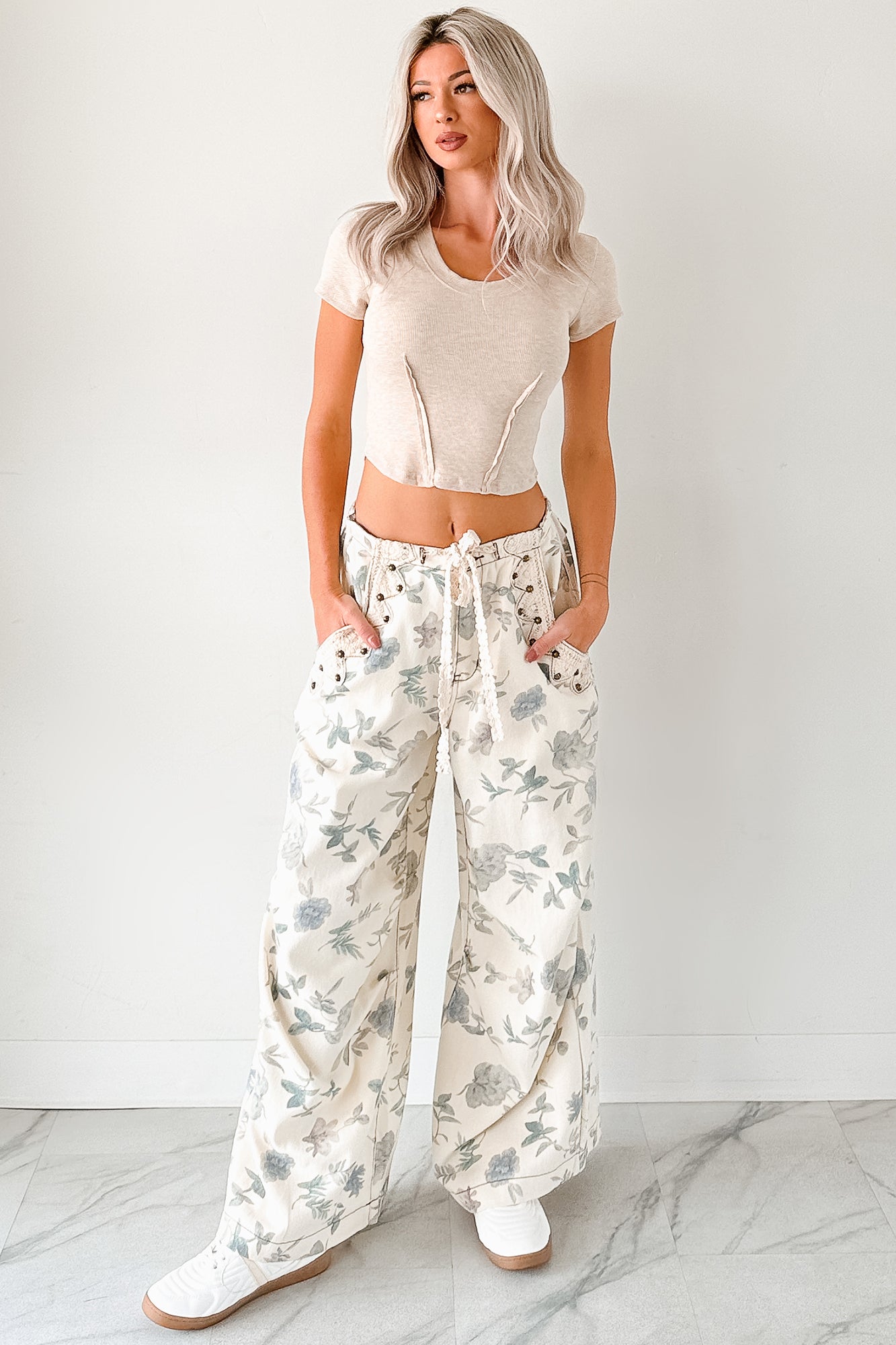 Lorelei Wide Leg Floral POL Jeans (Cream/Floral) - NanaMacs