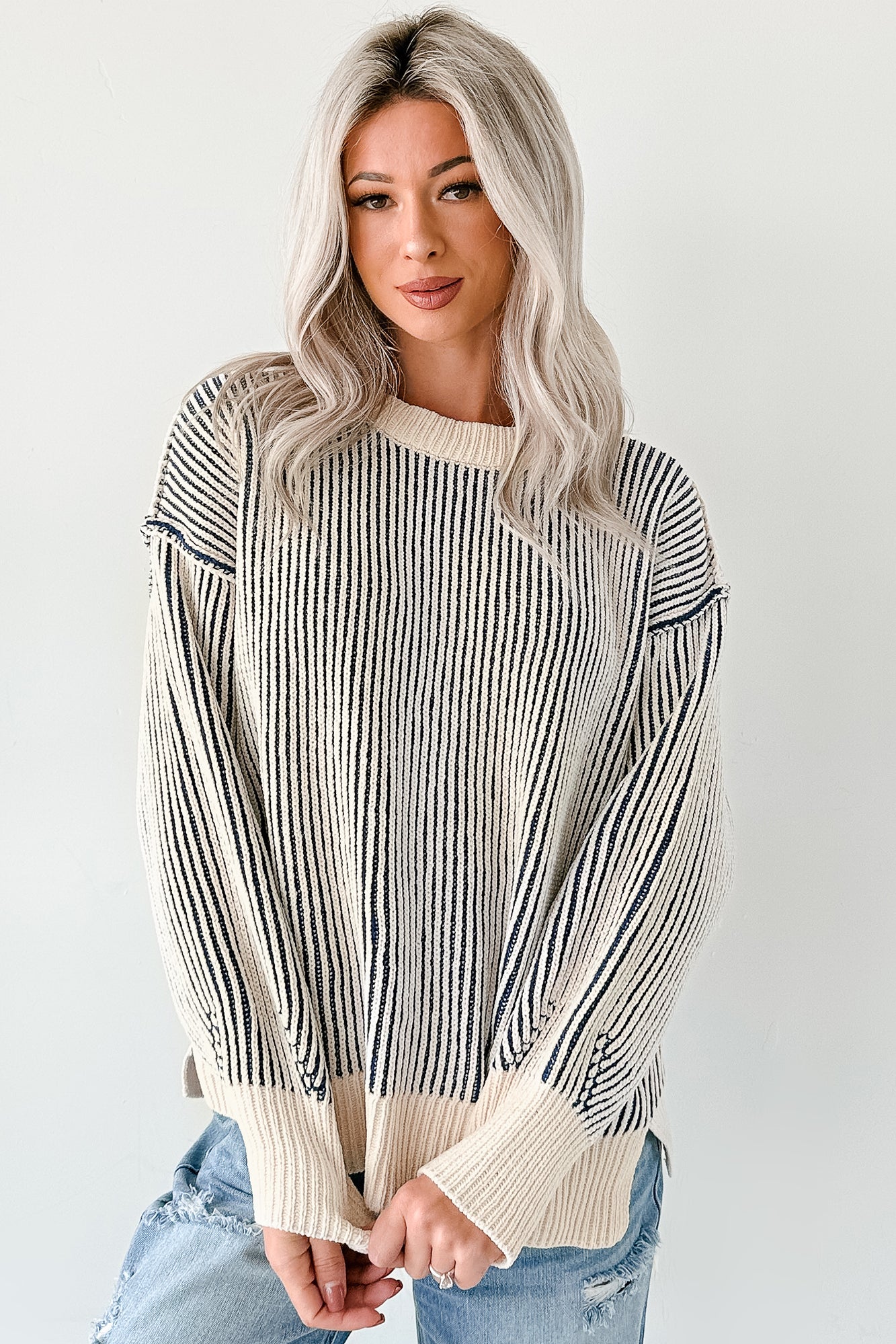 Snug Haven Two Tone Zenana Sweater (Light Navy) - NanaMacs