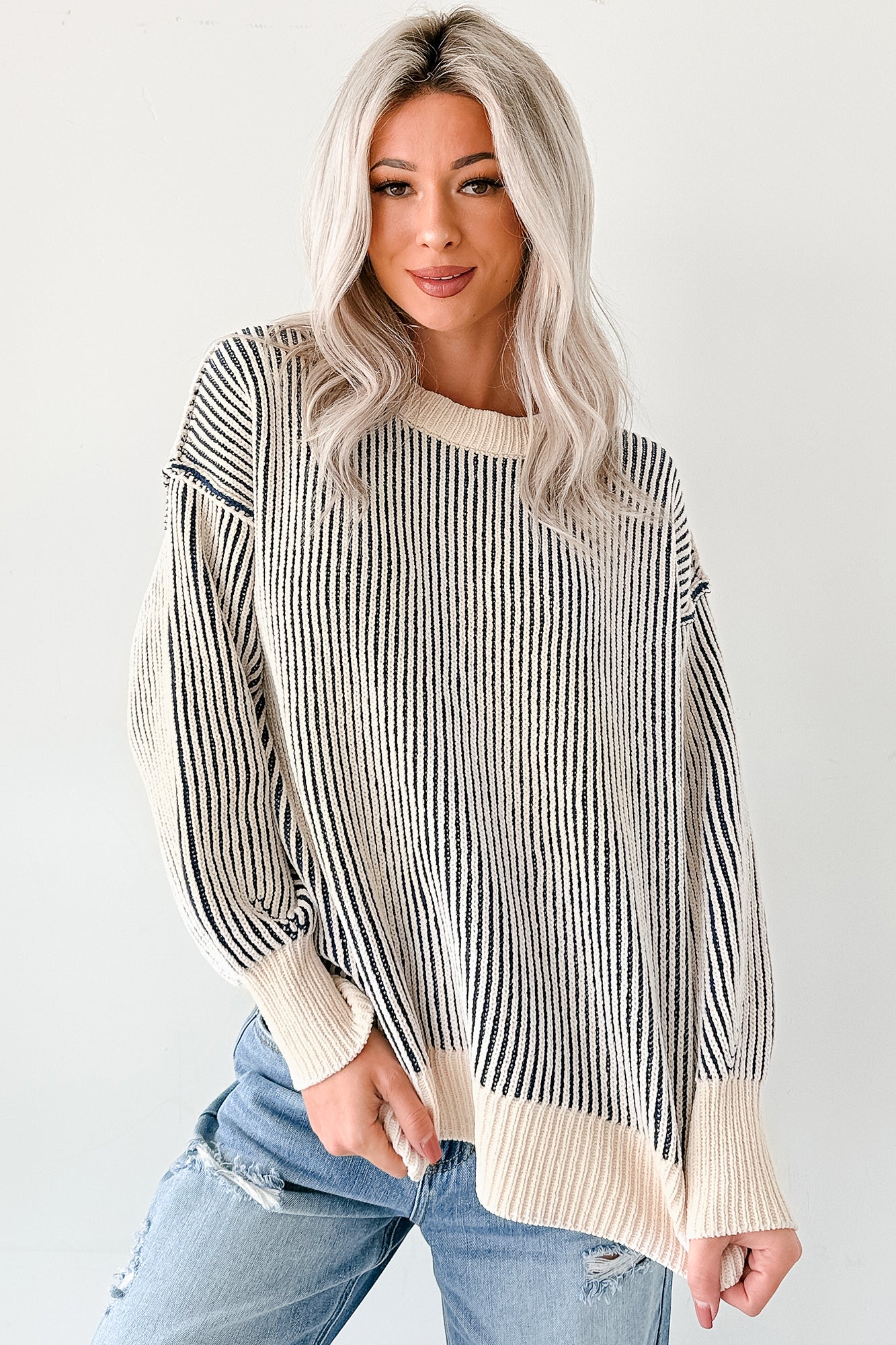 Snug Haven Two Tone Zenana Sweater (Light Navy) - NanaMacs