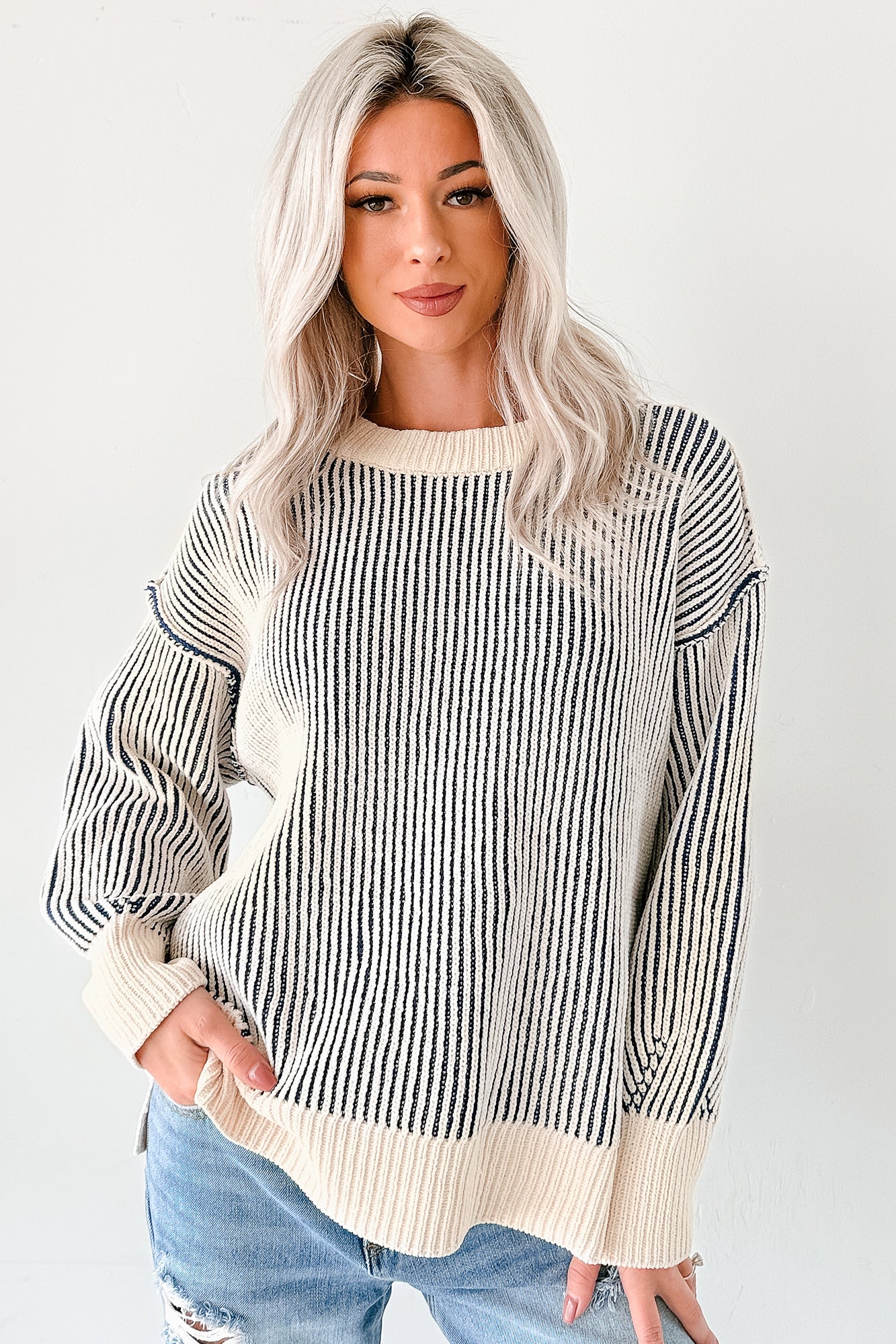 Snug Haven Two Tone Zenana Sweater (Light Navy) - NanaMacs