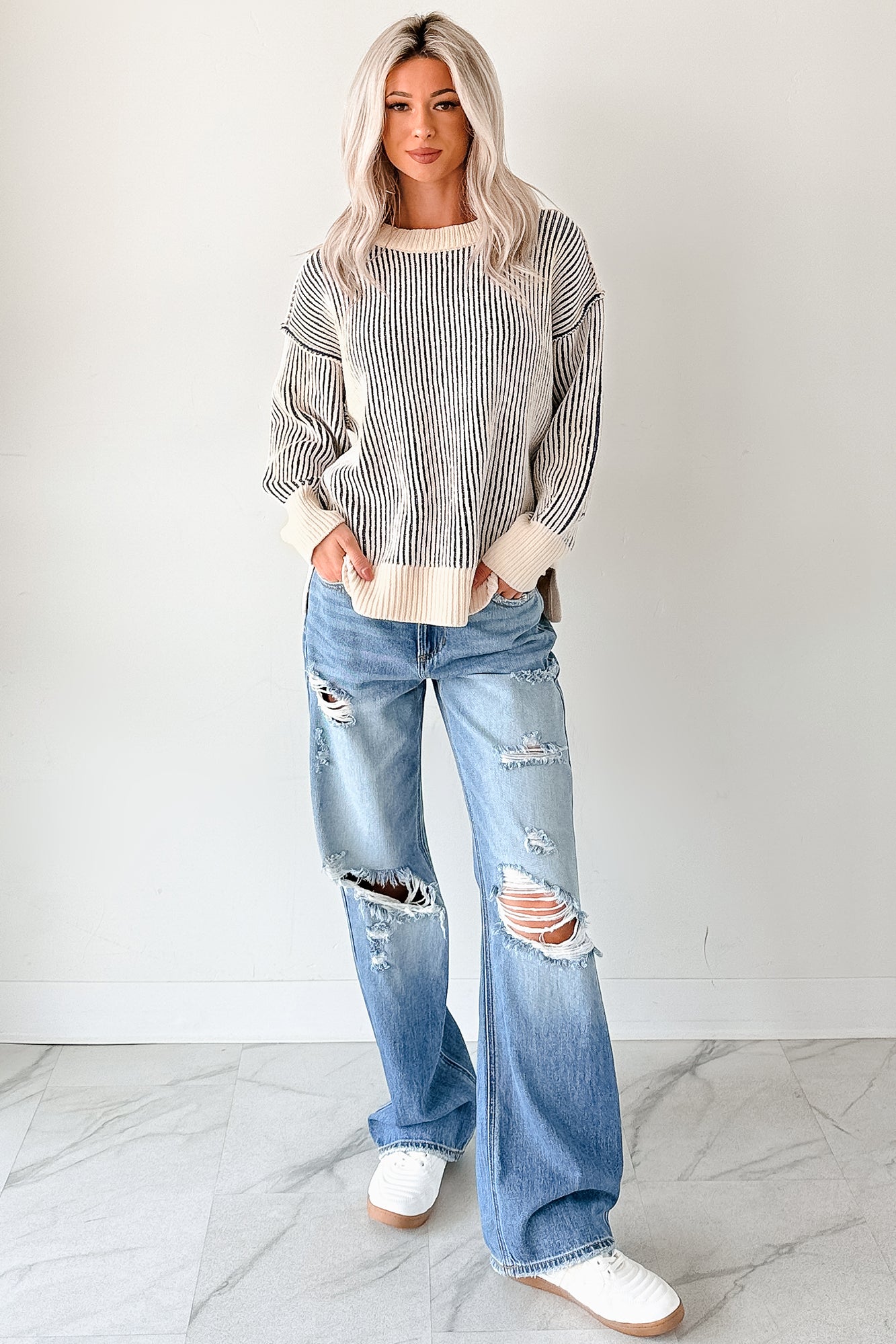 Snug Haven Two Tone Zenana Sweater (Light Navy) - NanaMacs