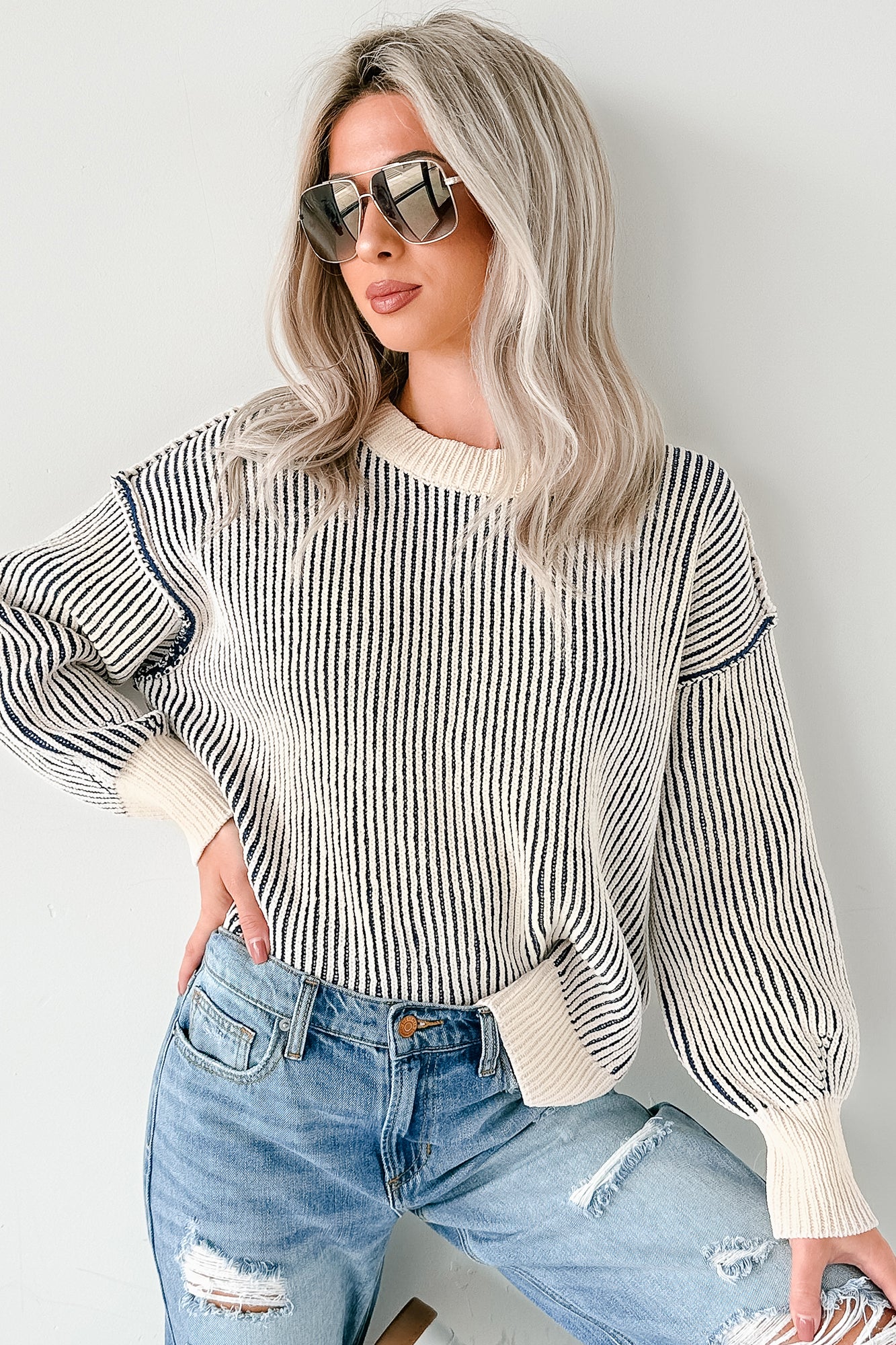 Snug Haven Two Tone Zenana Sweater (Light Navy) - NanaMacs