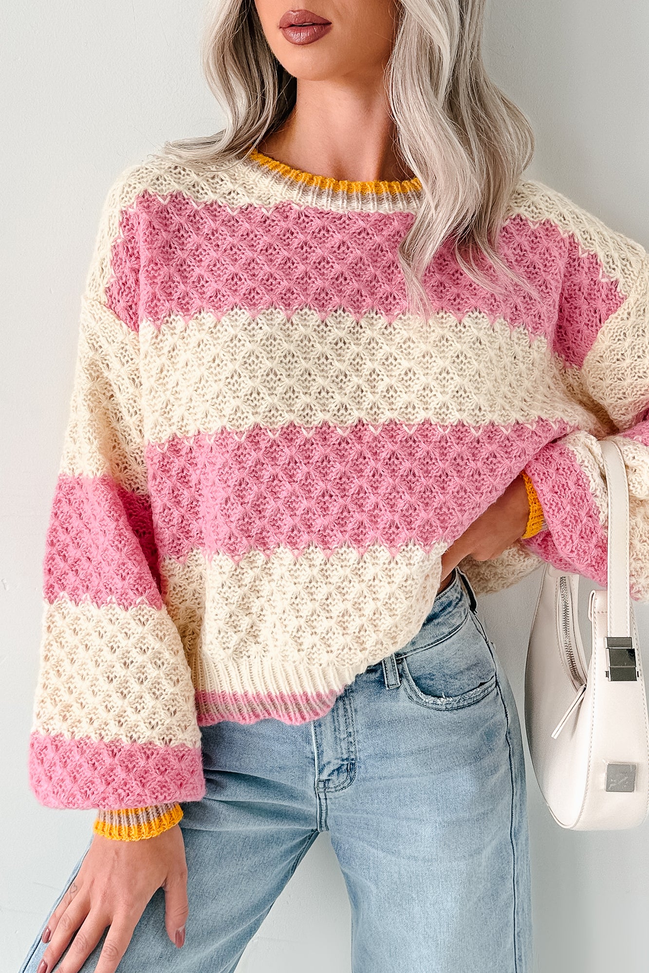 Warm Whispers Striped Crochet Knit POL Sweater (Pink) - NanaMacs