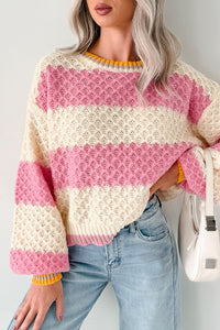 Warm Whispers Striped Crochet Knit POL Sweater (Pink) - NanaMacs