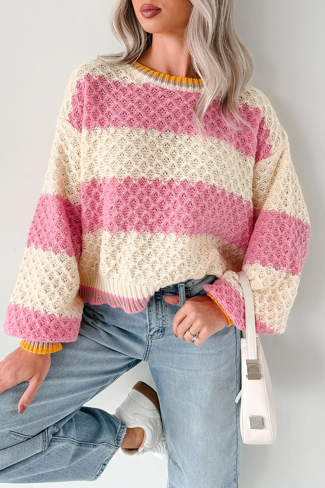 Warm Whispers Striped Crochet Knit POL Sweater (Pink) · NanaMacs