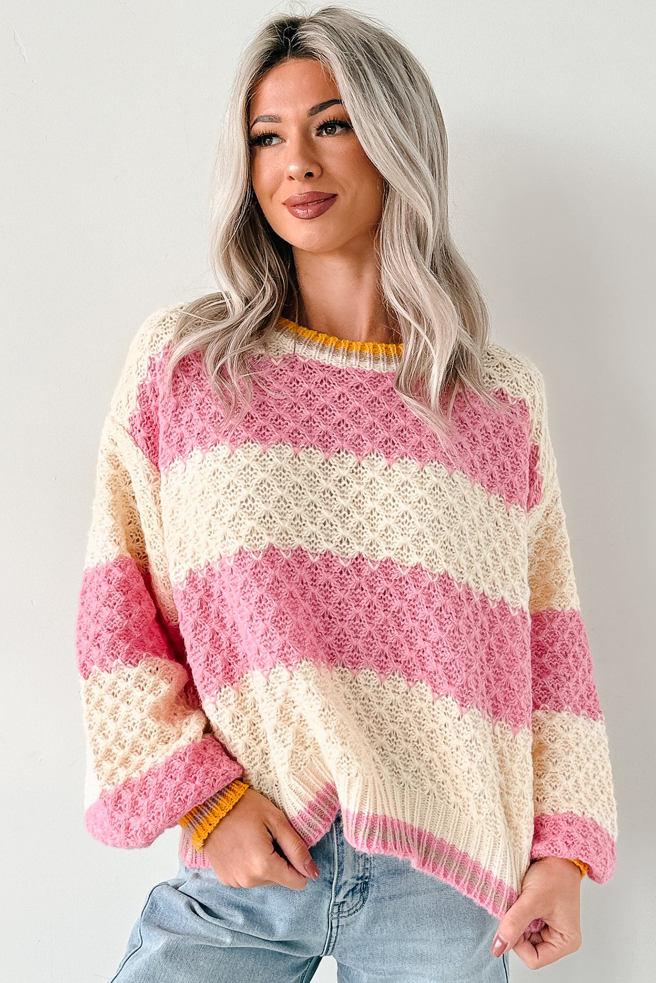 Warm Whispers Striped Crochet Knit POL Sweater (Pink) - NanaMacs
