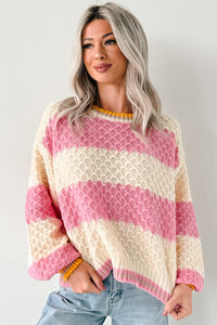 Warm Whispers Striped Crochet Knit POL Sweater (Pink) - NanaMacs