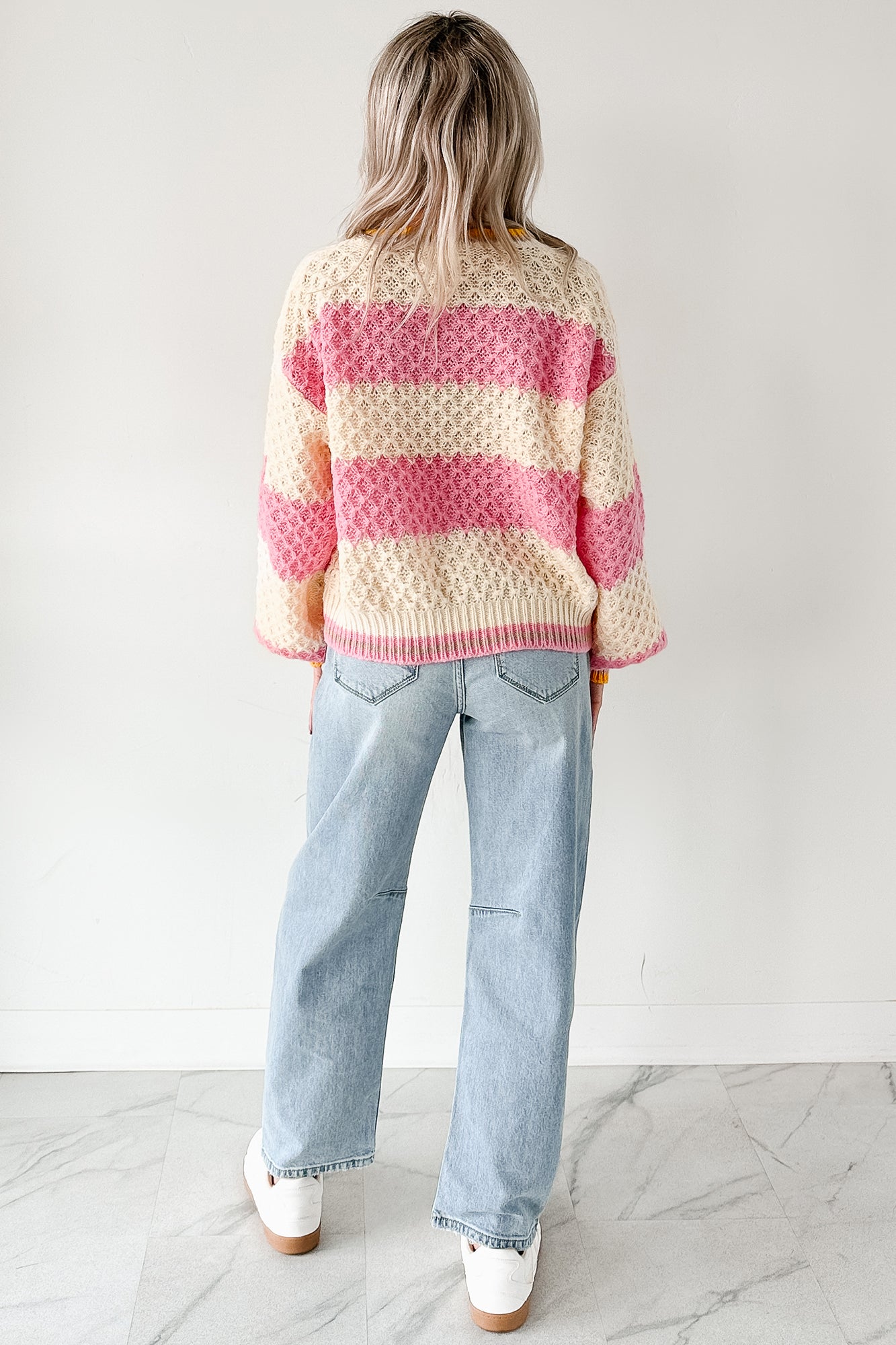 Warm Whispers Striped Crochet Knit POL Sweater (Pink) - NanaMacs