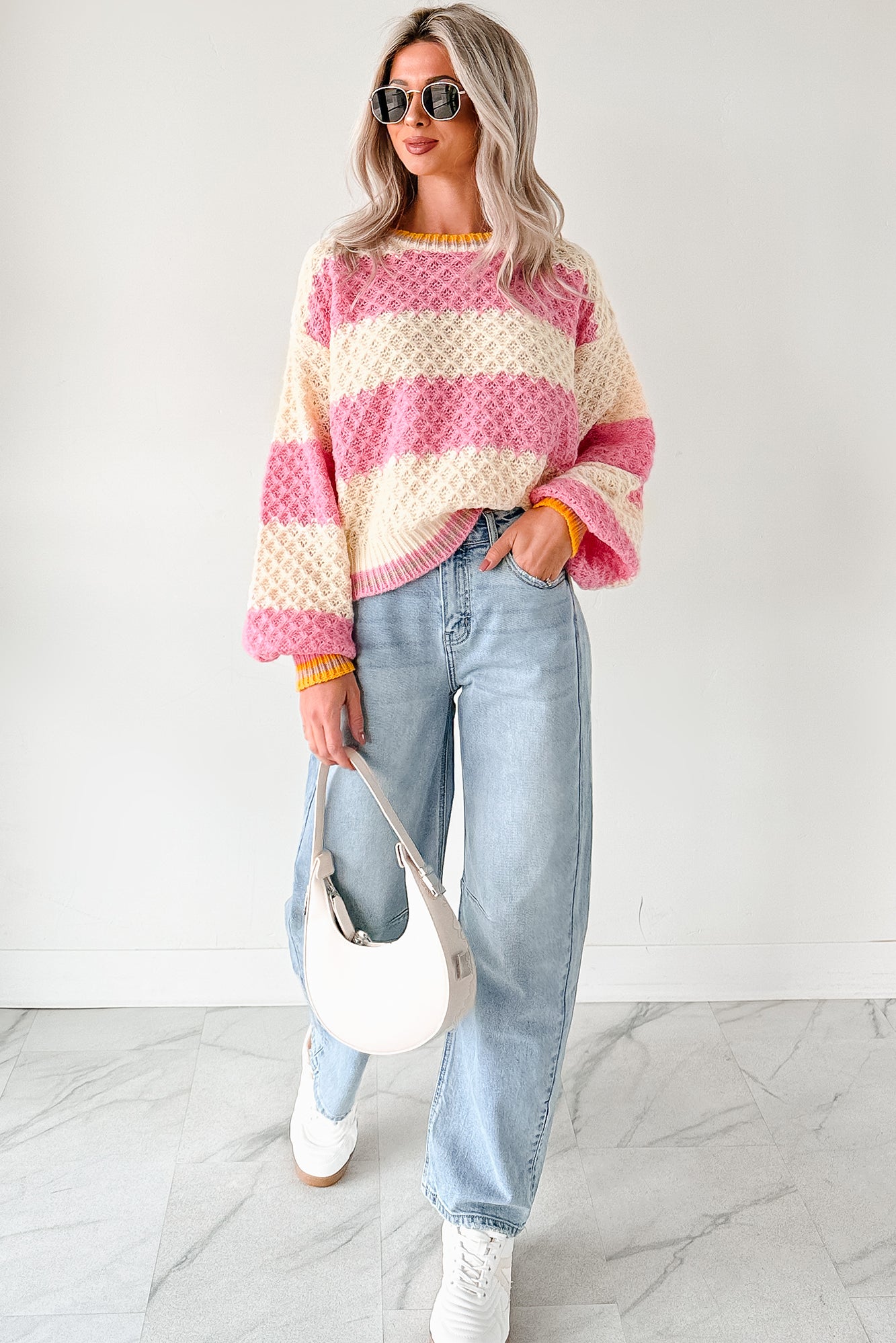 Warm Whispers Striped Crochet Knit POL Sweater (Pink) · NanaMacs