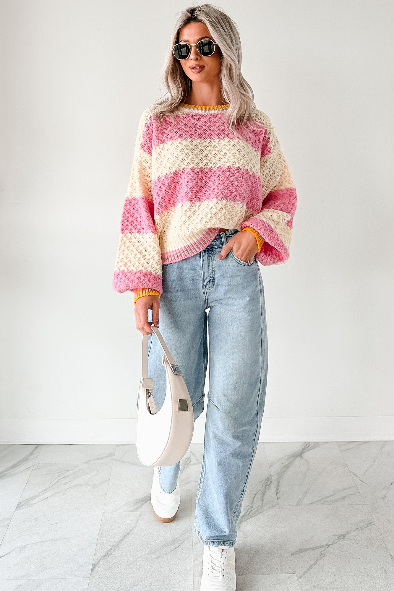Warm Whispers Striped Crochet Knit POL Sweater (Pink) · NanaMacs Warm Whispers Striped Crochet Knit POL Sweater (Pink) · NanaMacs