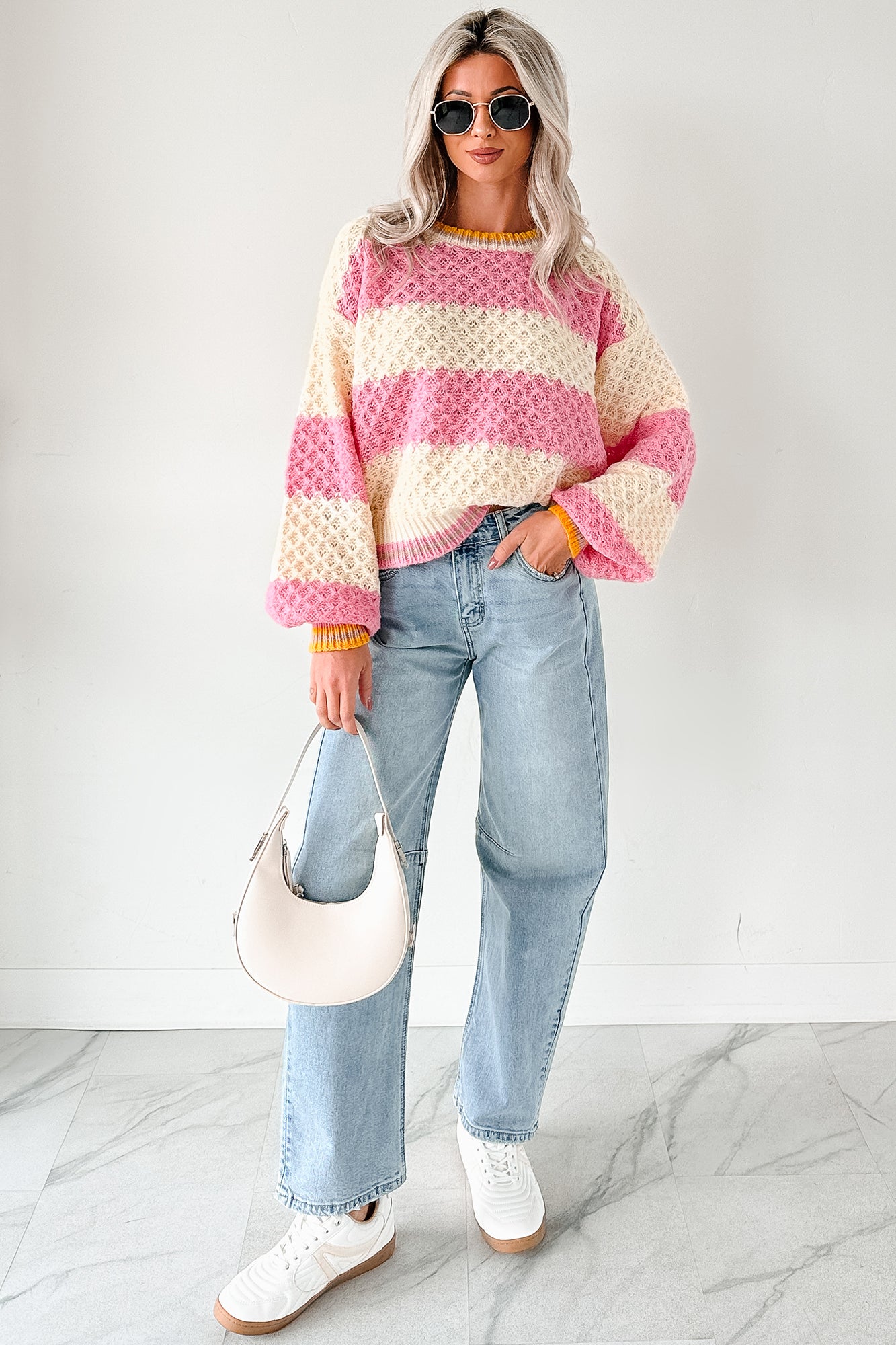Warm Whispers Striped Crochet Knit POL Sweater (Pink) - NanaMacs