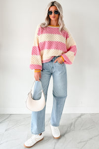 Warm Whispers Striped Crochet Knit POL Sweater (Pink) - NanaMacs