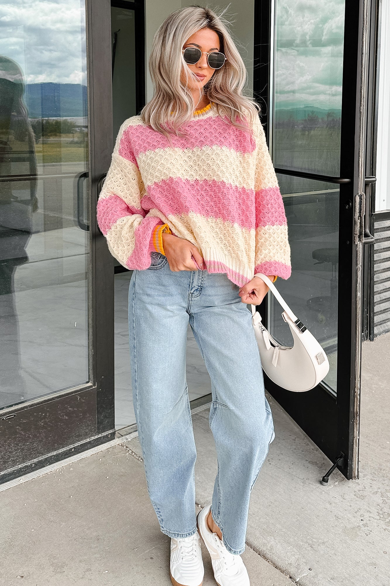 Warm Whispers Striped Crochet Knit POL Sweater (Pink) - NanaMacs