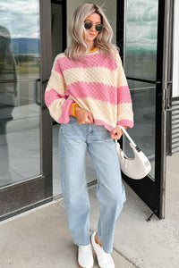 Warm Whispers Striped Crochet Knit POL Sweater (Pink) - NanaMacs