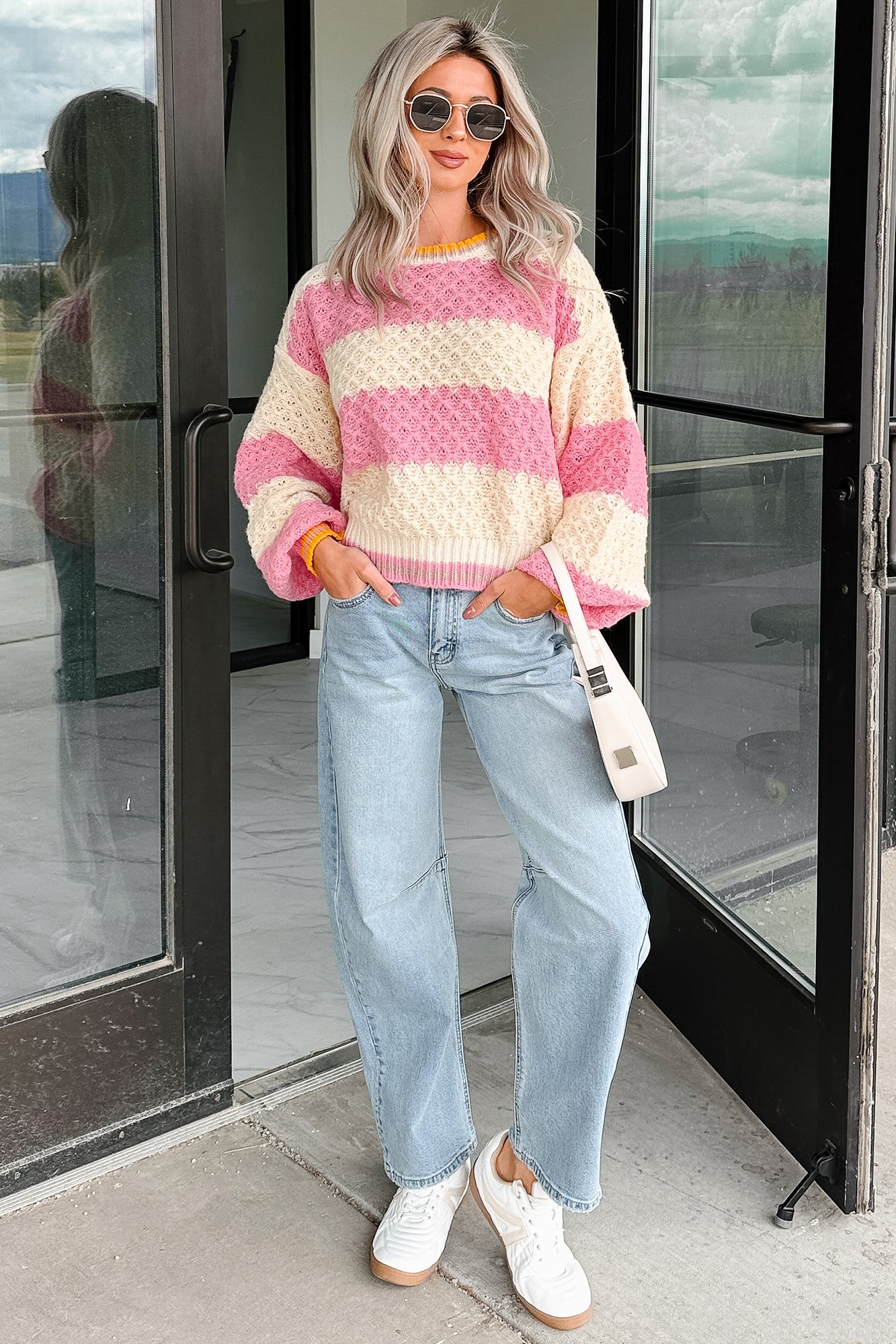 Warm Whispers Striped Crochet Knit POL Sweater (Pink) - NanaMacs