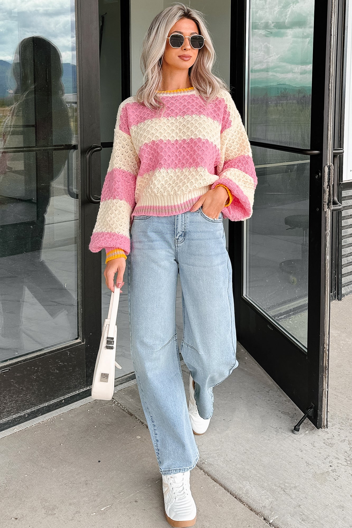 Warm Whispers Striped Crochet Knit POL Sweater (Pink) - NanaMacs
