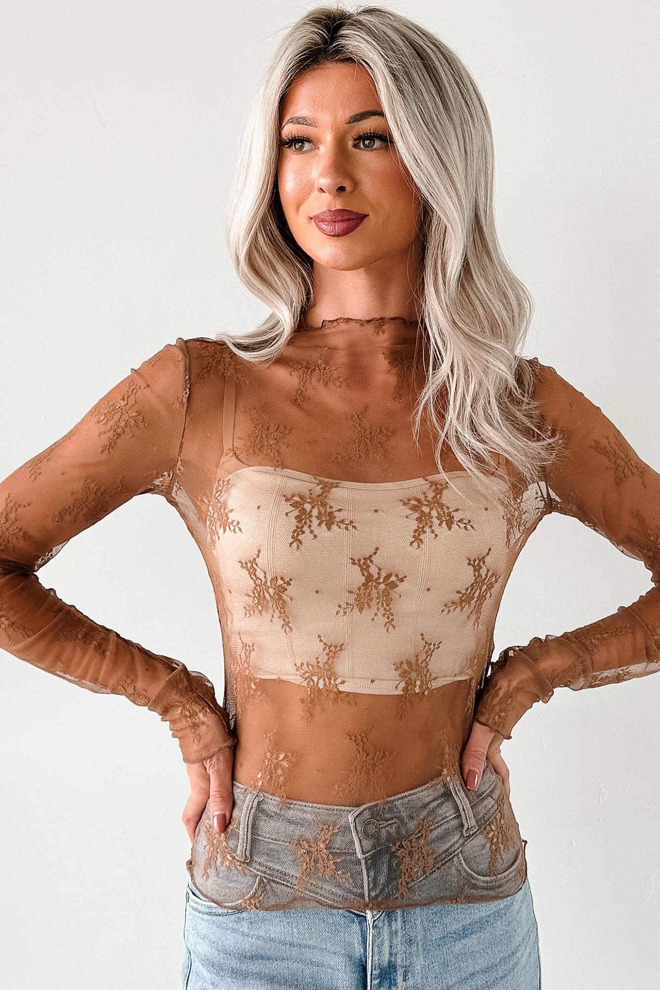 Living For The Likes Lace Long Sleeve Top (Mocha) - NanaMacs