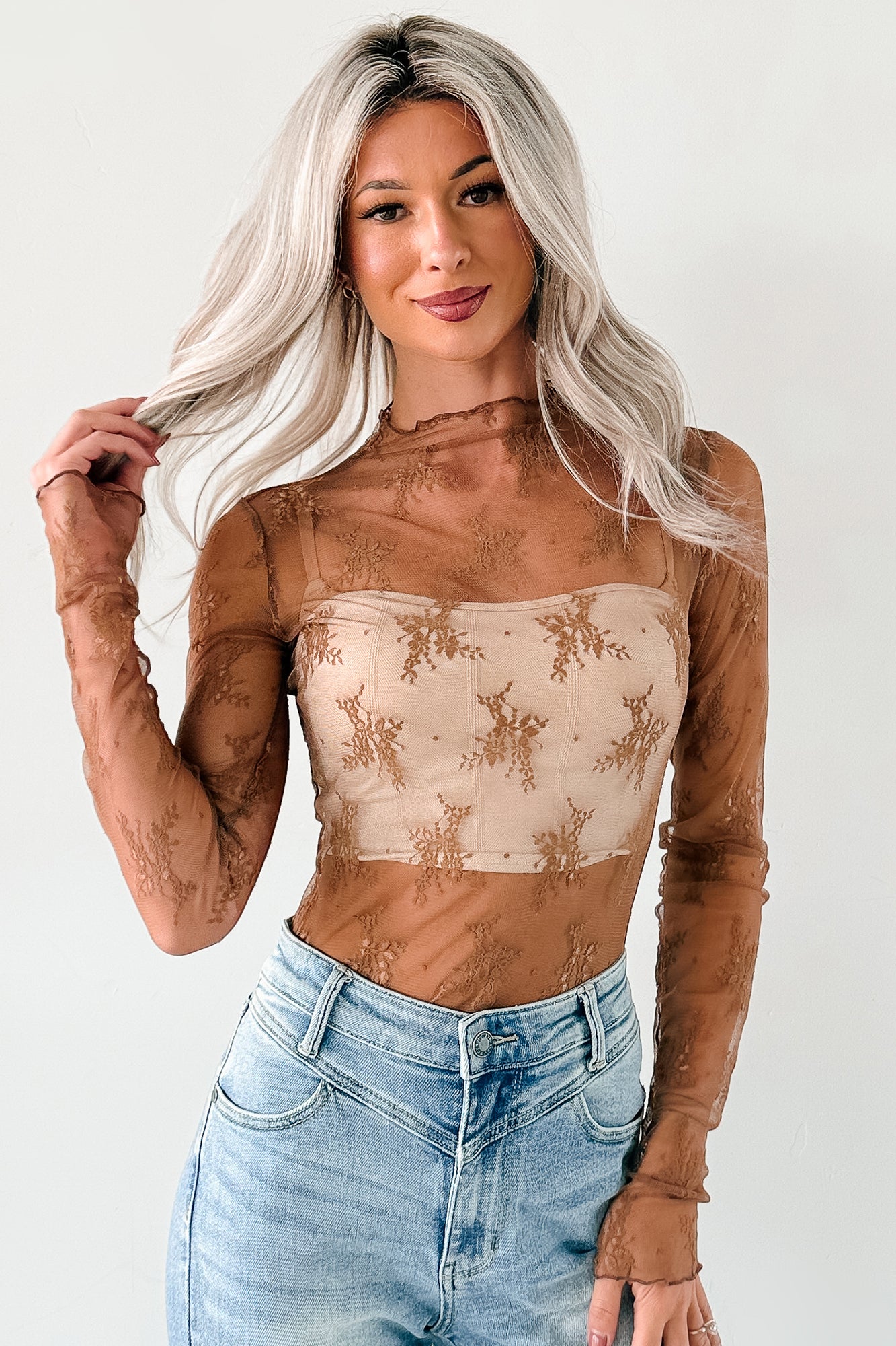 Living For The Likes Lace Long Sleeve Top (Mocha) - NanaMacs