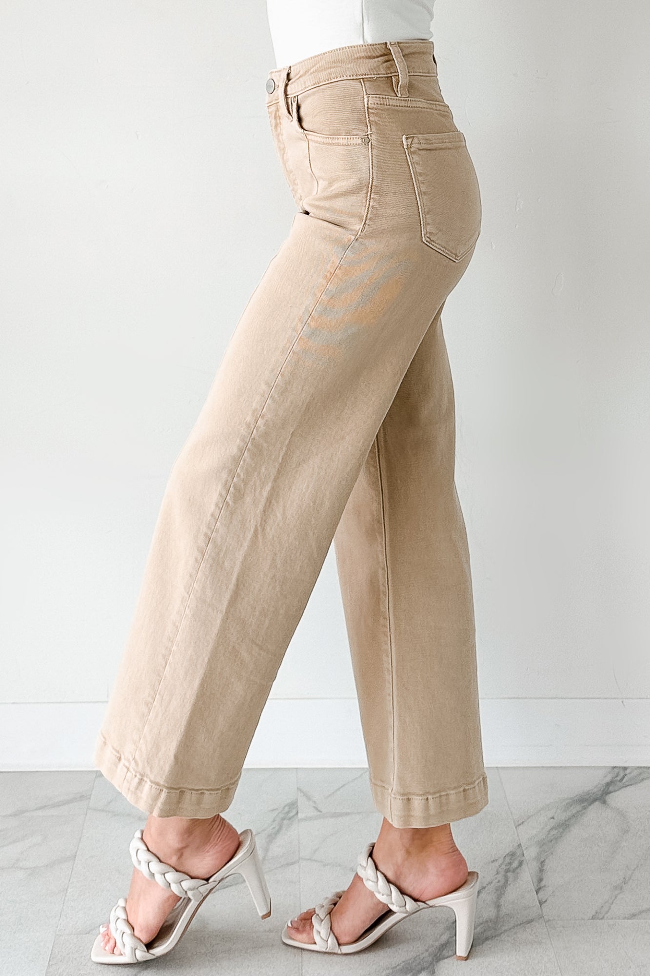 Maizie Tummy Control Wide Leg Cropped Risen Jeans (Latte) - NanaMacs