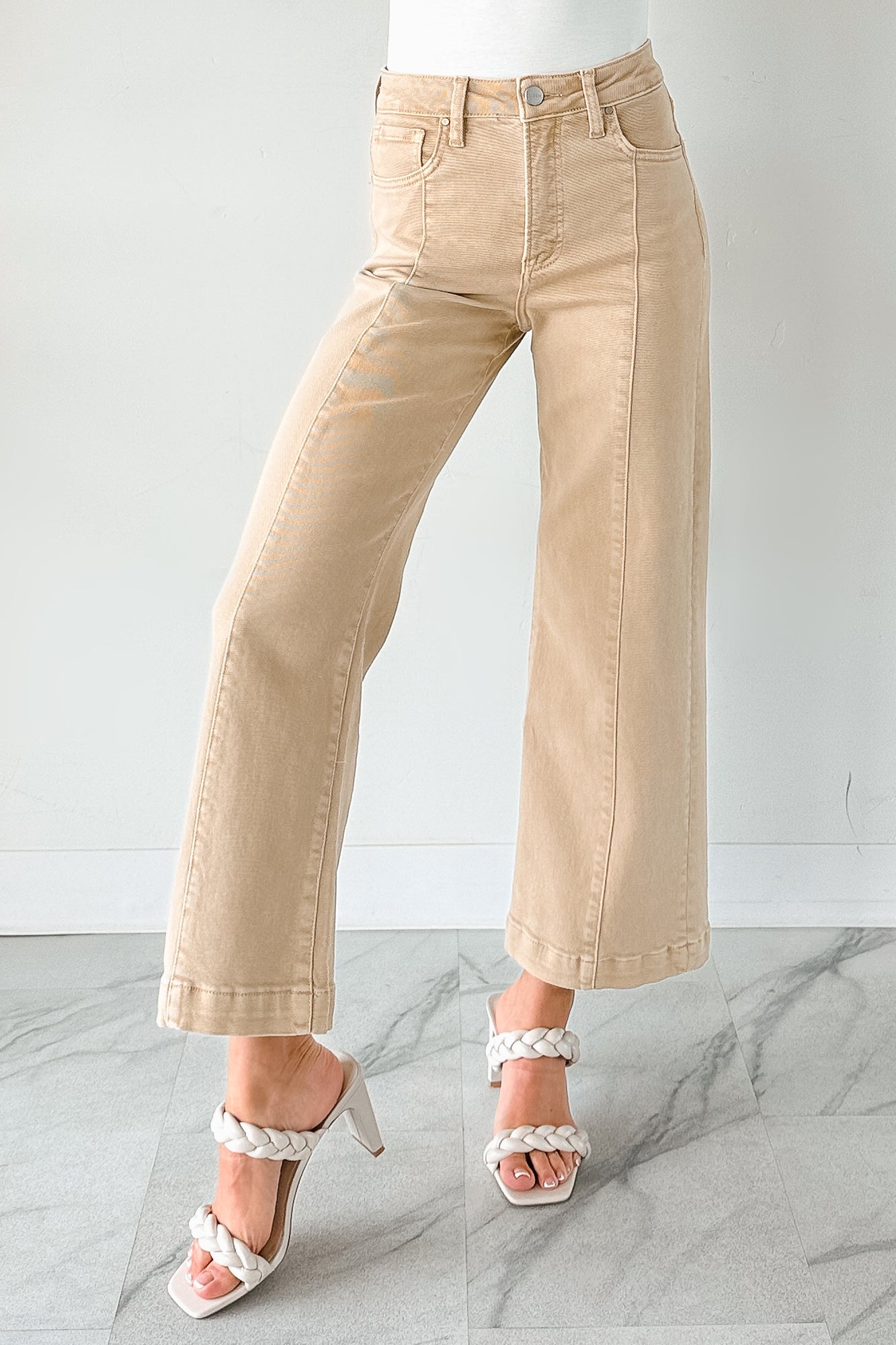 Maizie Tummy Control Wide Leg Cropped Risen Jeans (Latte) - NanaMacs