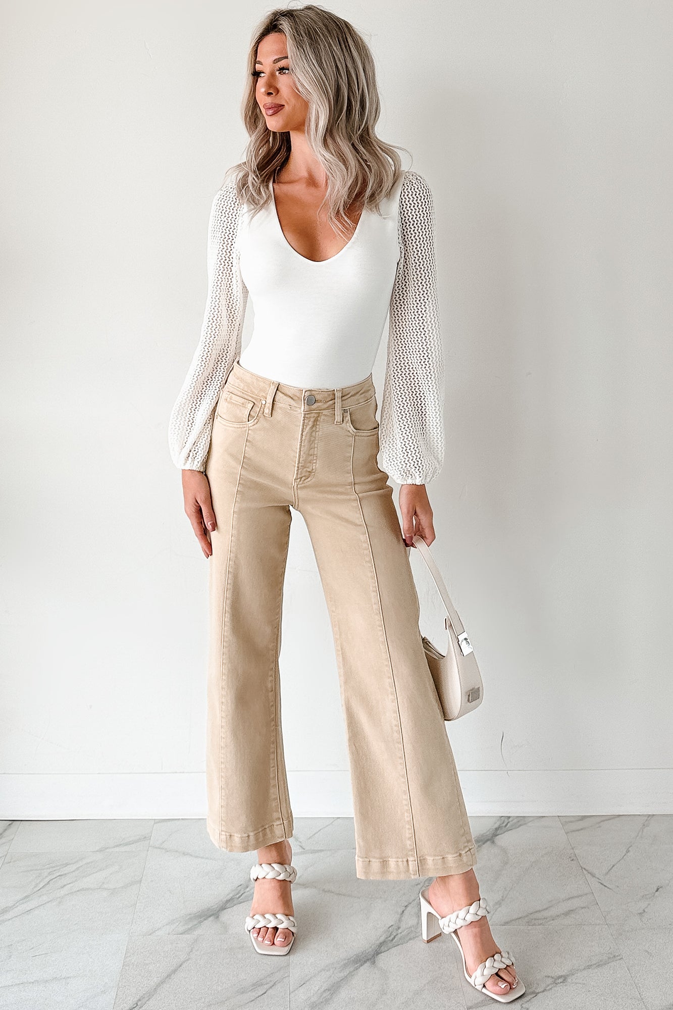 Maizie Tummy Control Wide Leg Cropped Risen Jeans (Latte) - NanaMacs