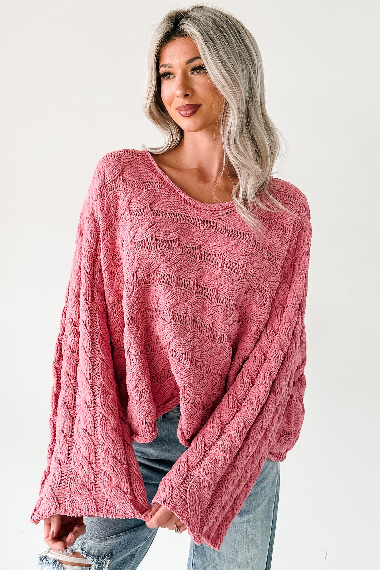 Making My Way Cable Knit POL Sweater (Pink) - NanaMacs