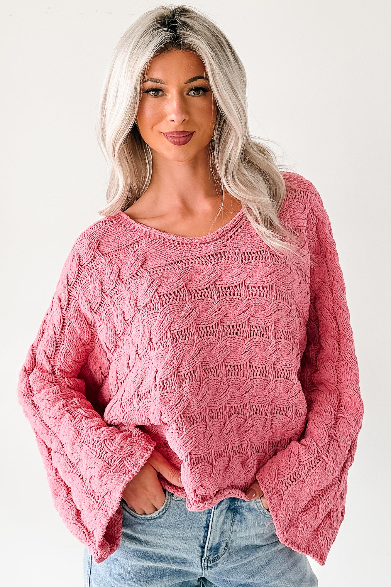 Making My Way Cable Knit POL Sweater (Pink) - NanaMacs