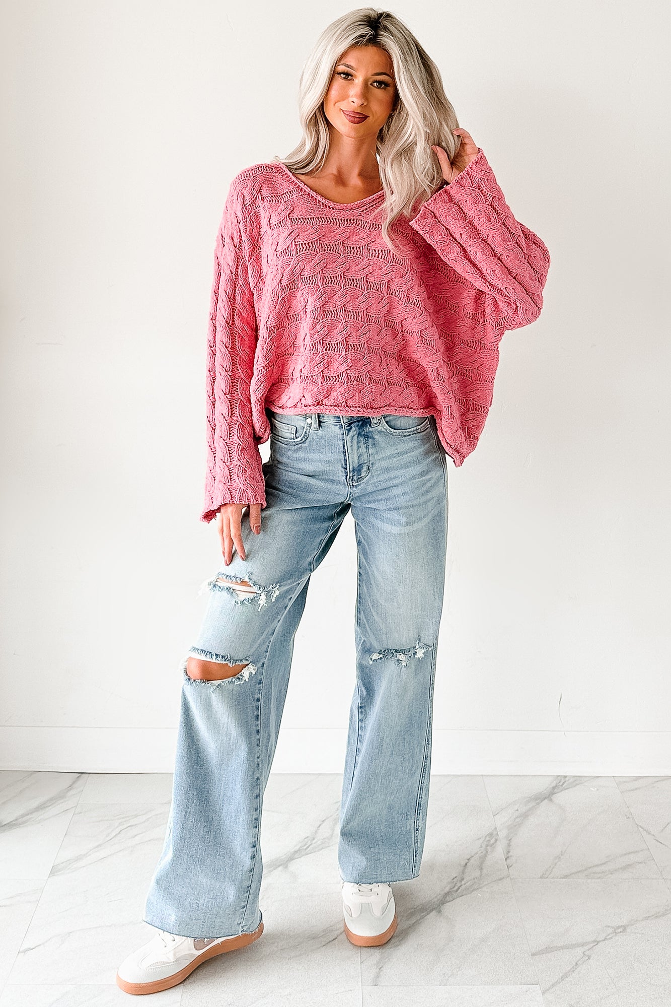 Making My Way Cable Knit POL Sweater (Pink) - NanaMacs