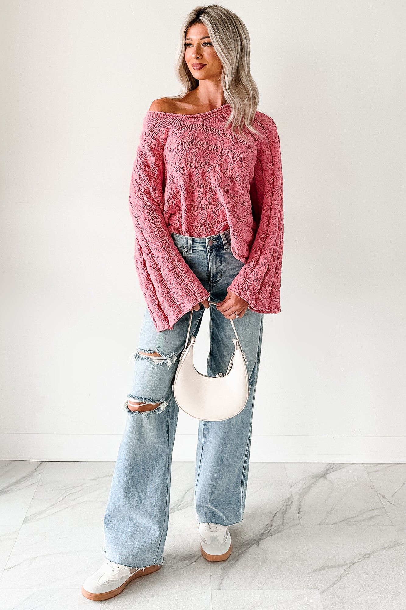 Making My Way Cable Knit POL Sweater (Pink) - NanaMacs