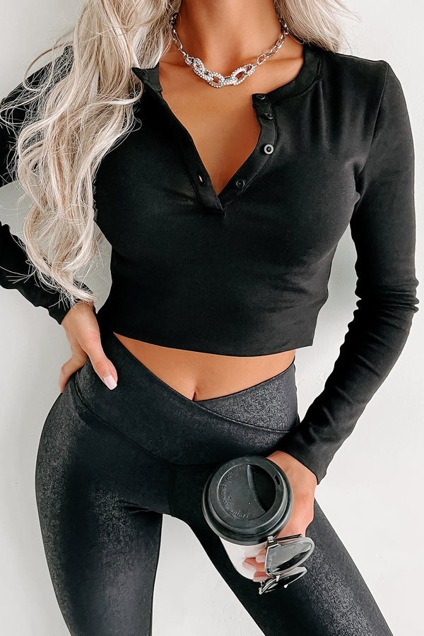 Cool Weather Crowd Long Sleeve Henley Top (Black) - NanaMacs