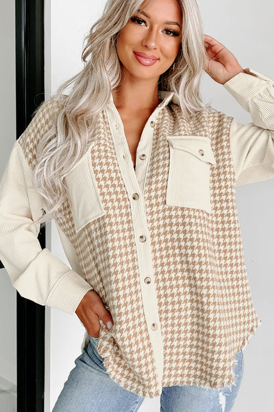 Cozy Cuteness Corduroy/Houndstooth Shacket (Khaki) - NanaMacs