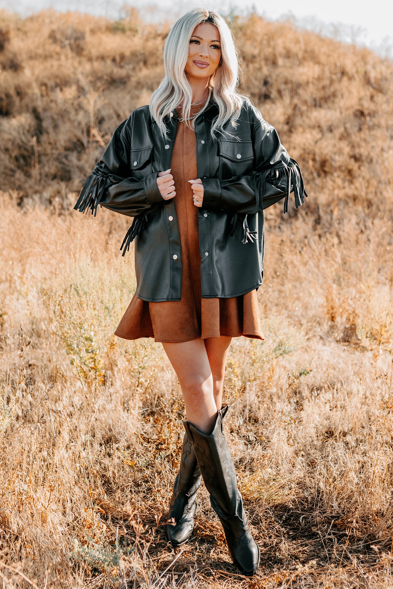 Creating Moments Faux Leather Fringe Jacket (Black) - NanaMacs