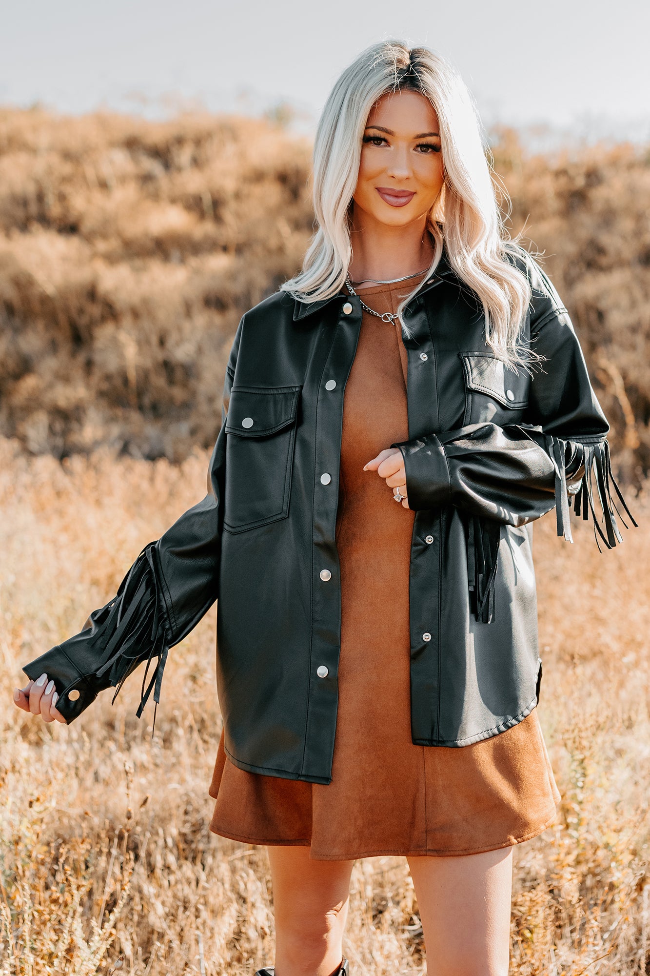 Creating Moments Faux Leather Fringe Jacket (Black) - NanaMacs