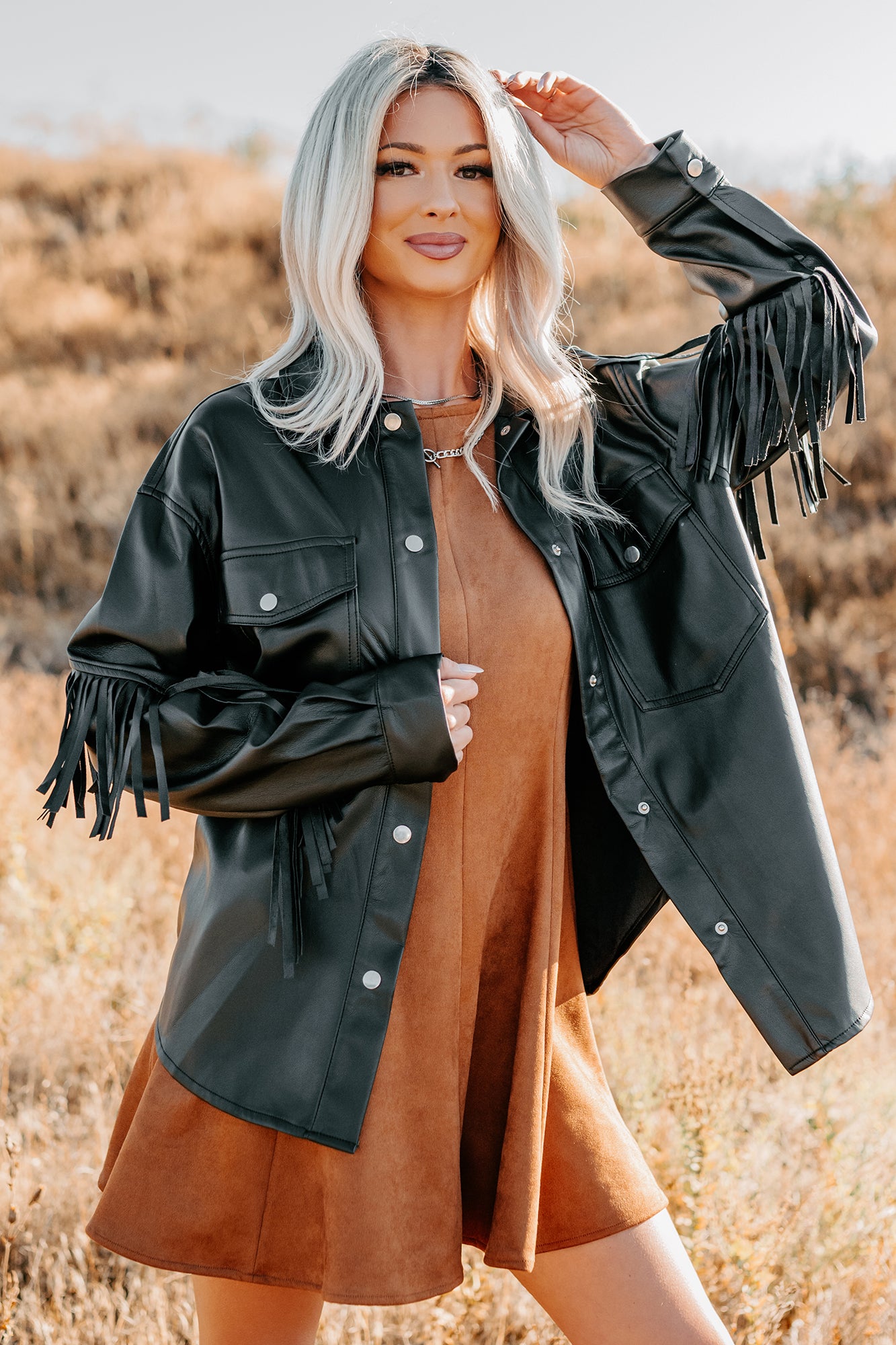 Creating Moments Faux Leather Fringe Jacket (Black) - NanaMacs