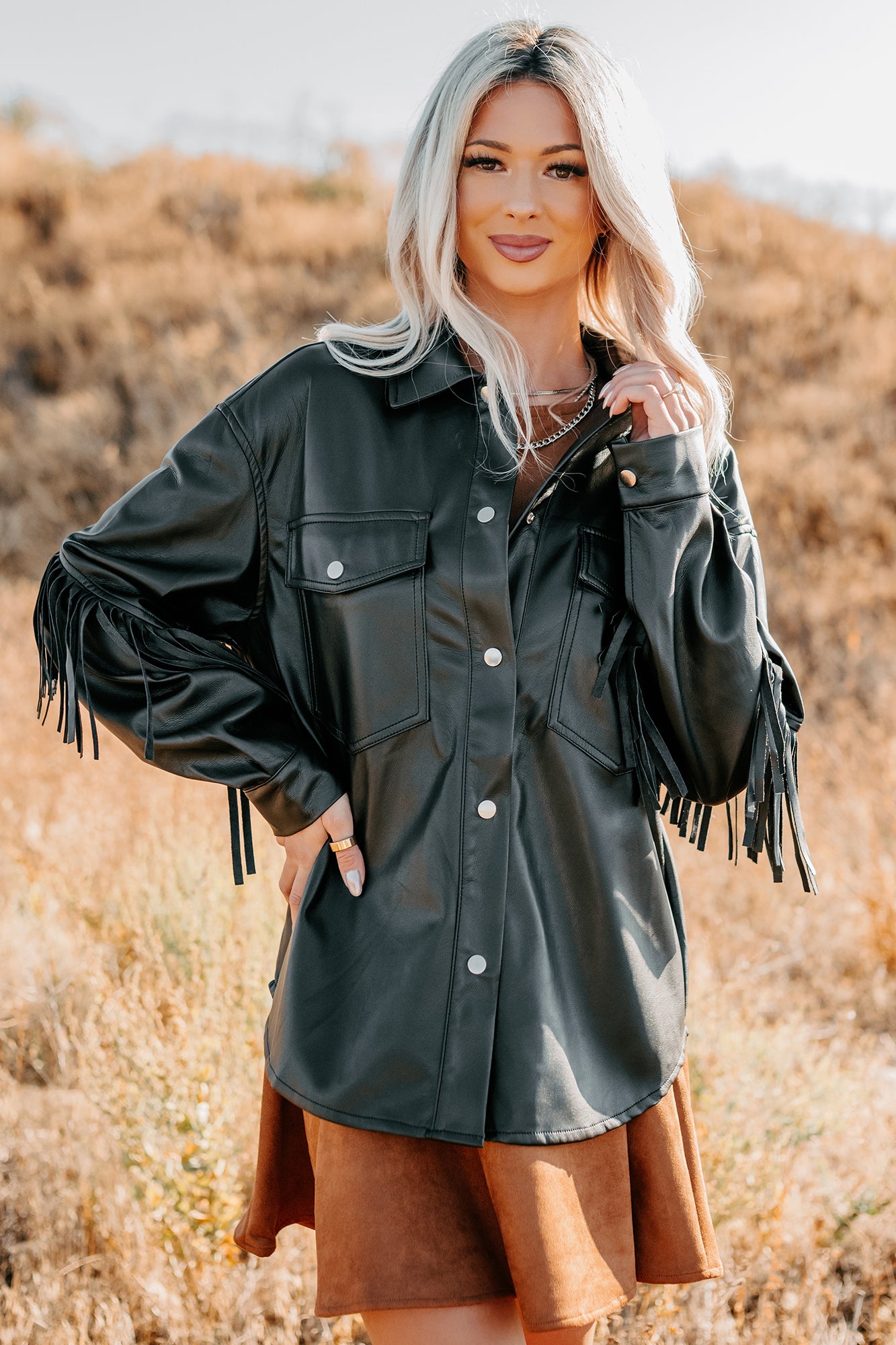 Creating Moments Faux Leather Fringe Jacket (Black) - NanaMacs