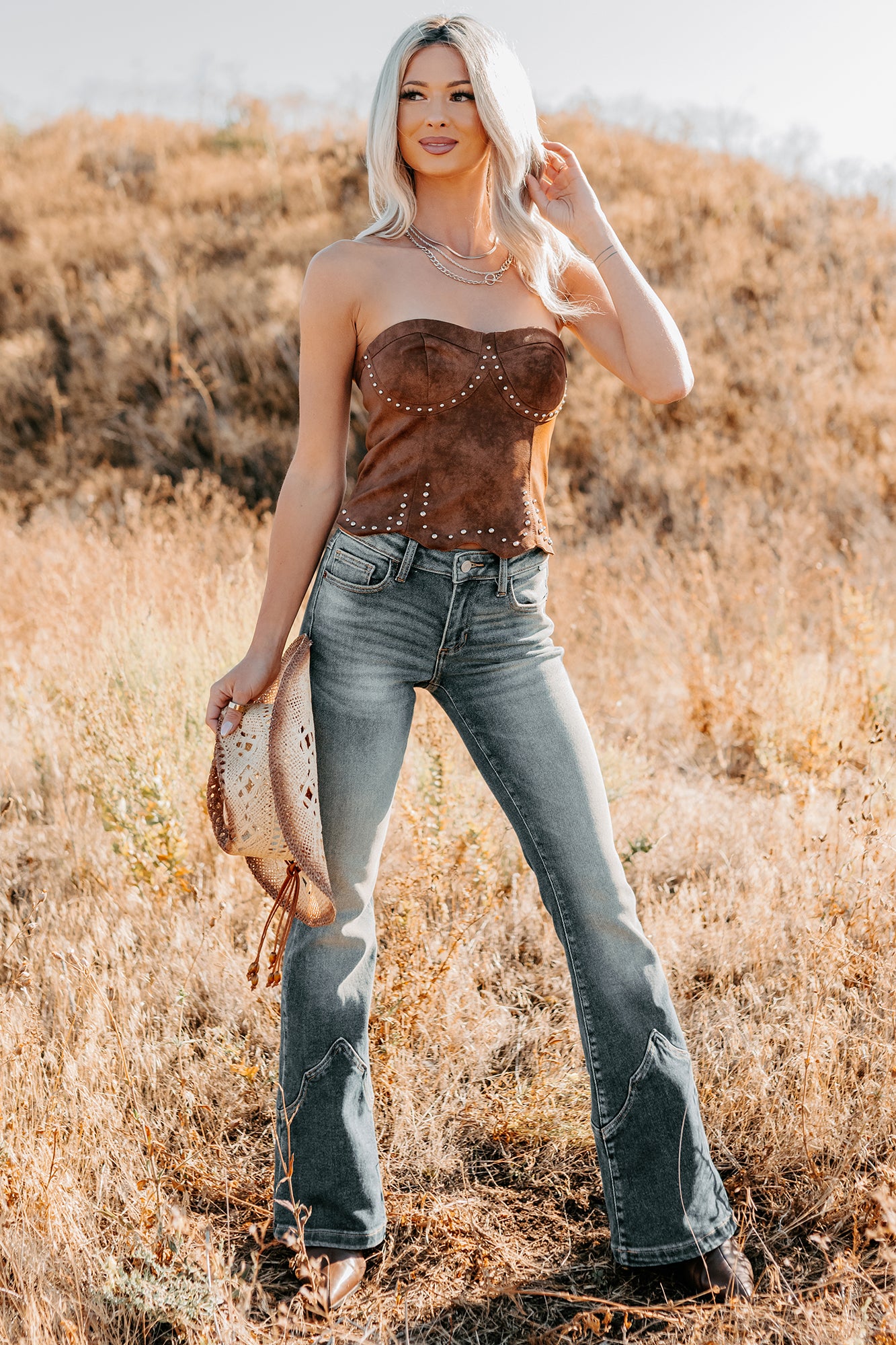 Can't Forget You Faux Leather Studded Bustier Top (Cognac) - NanaMacs