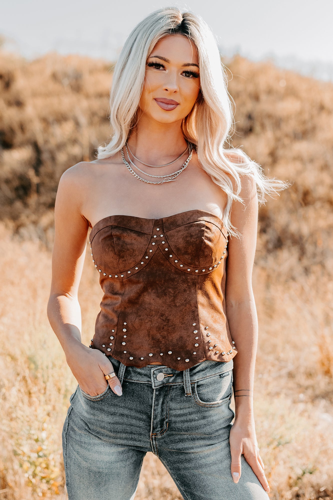 Can't Forget You Faux Leather Studded Bustier Top (Cognac) - NanaMacs