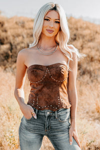 Can't Forget You Faux Leather Studded Bustier Top (Cognac) - NanaMacs