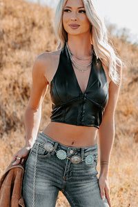 Urban Glow Faux Leather Halter Crop Top (Black) - NanaMacs
