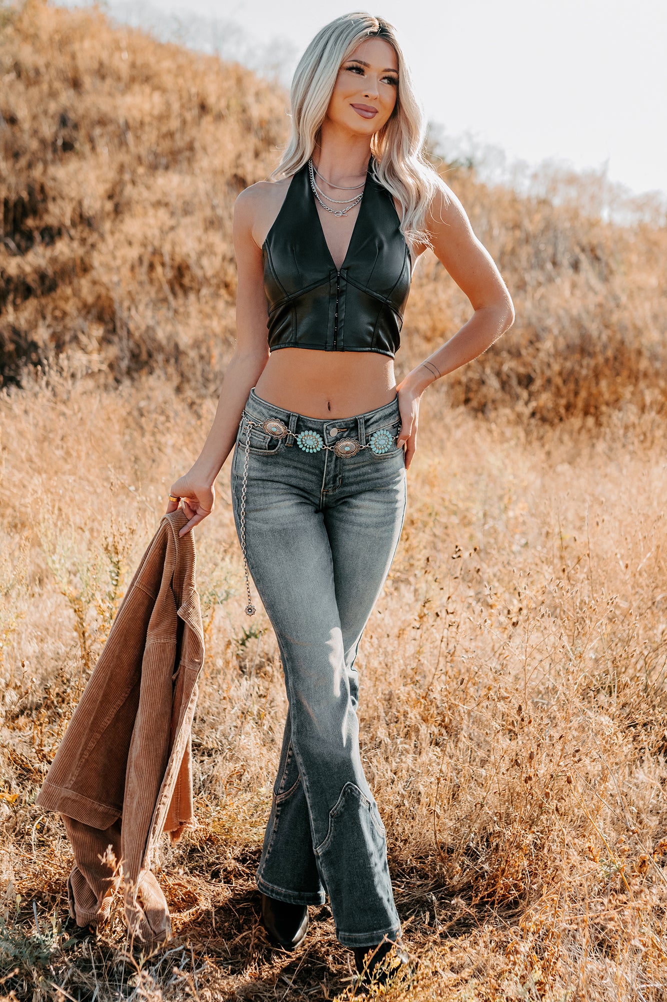 Urban Glow Faux Leather Halter Crop Top (Black) - NanaMacs