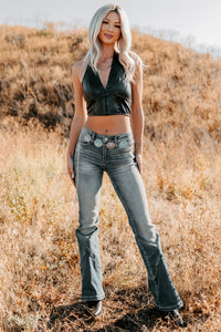 Urban Glow Faux Leather Halter Crop Top (Black) - NanaMacs