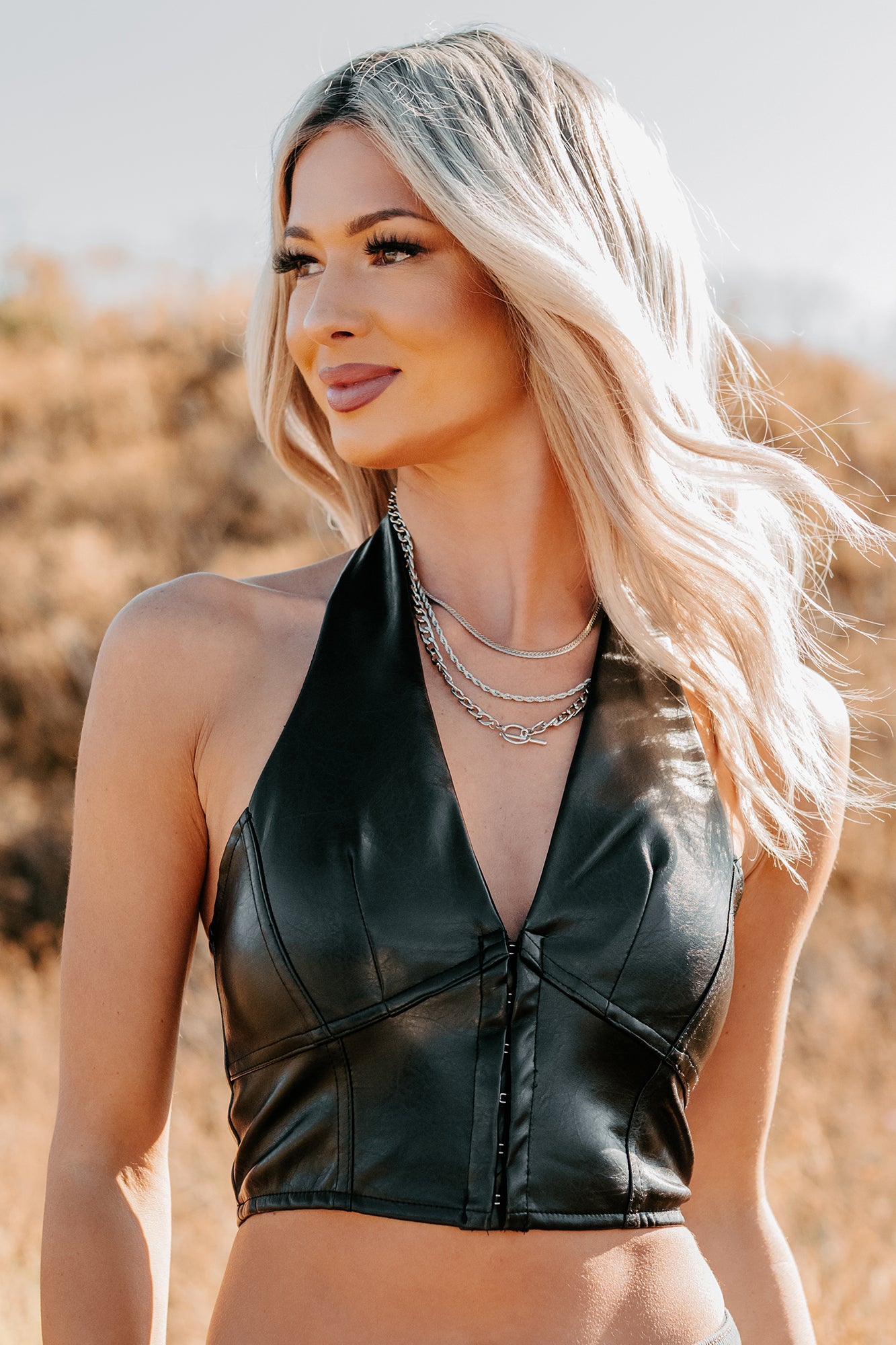 Urban Glow Faux Leather Halter Crop Top (Black) - NanaMacs