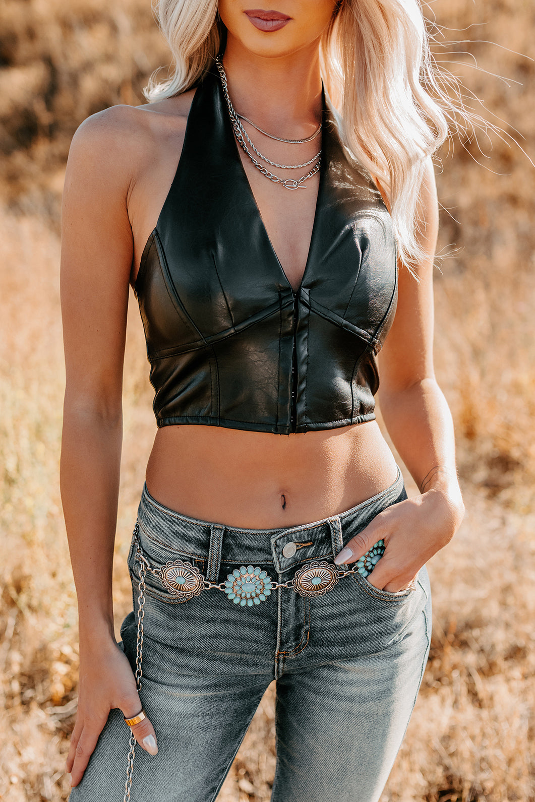 Urban Glow Faux Leather Halter Crop Top (Black) - NanaMacs