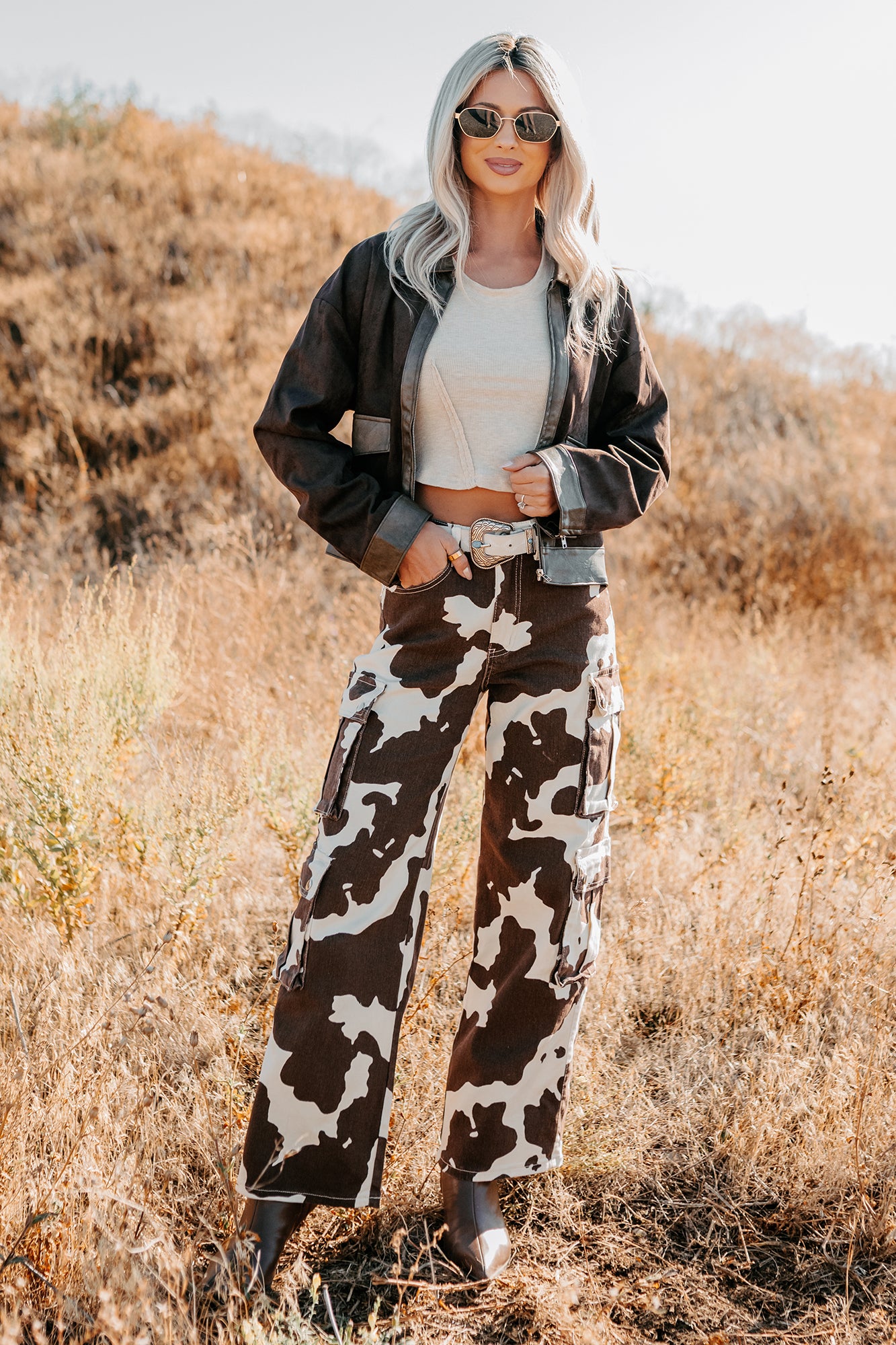 goggles jeans Women's Mirabel Wide Leg Cow Print Balboa Jeans in Brown