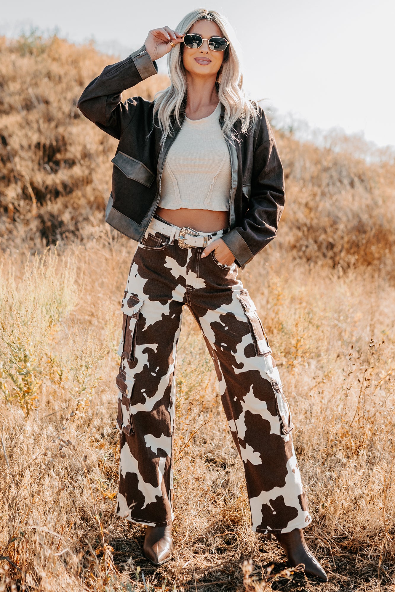 Mirabel Wide Leg Cow Print Balboa Jeans (Brown) · NanaMacs